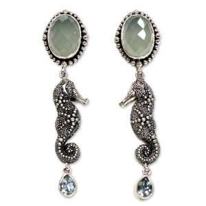  Blue topaz and chalcedony drop earrings, Seahorse 