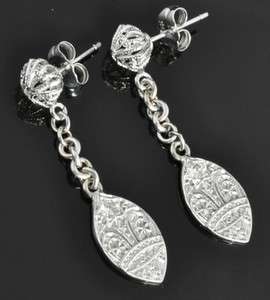   14K White Gold Diamond Filigree Drop Dangle Deco Chain Earrings  