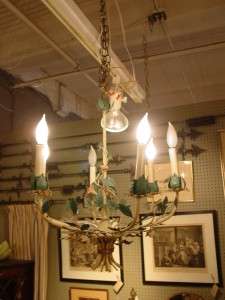 1940s Painted Cream and Green Metal 6 Light Chandelier  