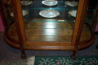 ANTIQUE OAK CHINA CABINET OR CURIO CURVED GLASS SIDES PAW FEET  