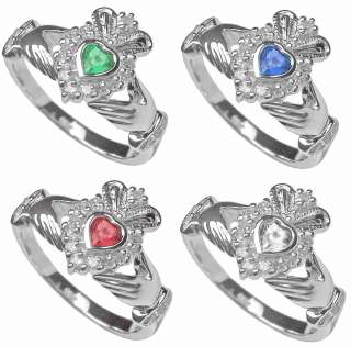 Silver Celtic Irish Claddagh Emerald Diamond Ruby Ring  