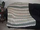 NEW hand crocheted afghan throw blanket, zig zag greens, buff & off 