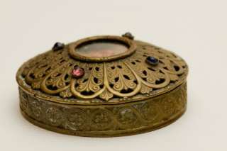   Antique Austrian Crystal Needlepoint Brass Compact Trinket Box  