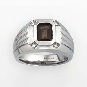    Stainless Steel Smoky Quartz and Diamond Accent Band Ring Jewelry