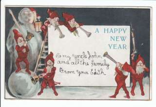  Elf Snowman Horn New Year Years Greeting Old Postcard Vintage Fairy 