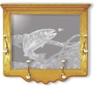 Etched Trout Wildlife Art Mirror Oak Framed Coat Rack  