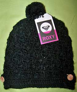 Roxy girls winter ski pom pom hat Black crocheted   NWT super cute 