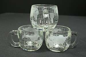 Nestle World Etched Glass Cups Set of 3 Nescafe Globe Mugs  