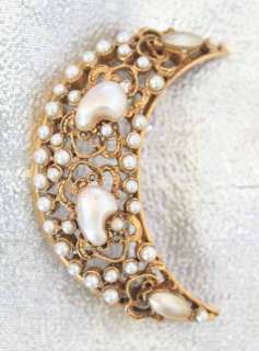 Florenza 60s Baroque Sim Pearl Crescent Moon Brooch  