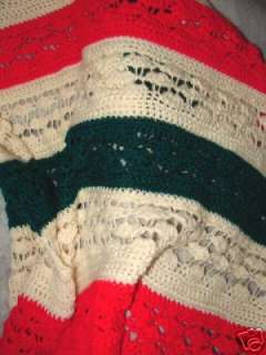 Hand Crafted Crochet Afghan Throw Blanket ~ green white and red design 