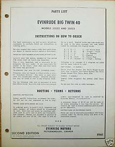 EVINRUDE 1961 40 HP BIG TWIN PARTS MANUAL CATALOG  