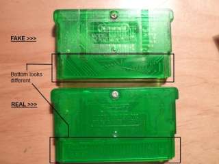 Comparison of 2 Pokemon Emerald cartridges (back) 1 fake (top), and 1 