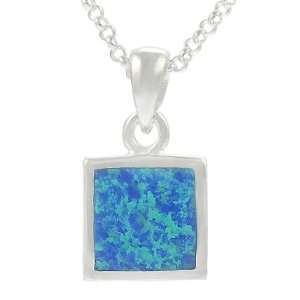    Sterling Silver with Faux Blue Opal Square Necklace Jewelry