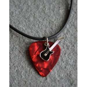  Guitar Pick Necklace with Black Electric Guitar Charm on Red Fender 