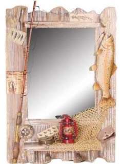  Raised Trout Fish Wooden Mirror (Lantern, Fishing Pole 