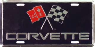Corvette Black With Racing Flags Metal License Plate  