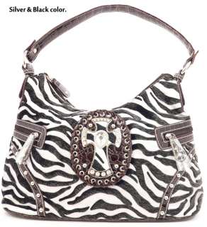   Cross Rhinestone Zebra Fur Hobo Purse Ladies Handbag Brown  