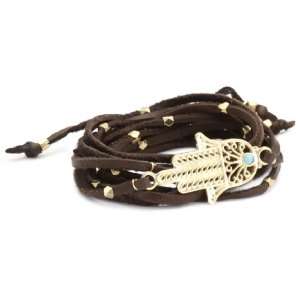  Ettika Brown Leather Wrap Bracelet with Gold Colored Hamsa 