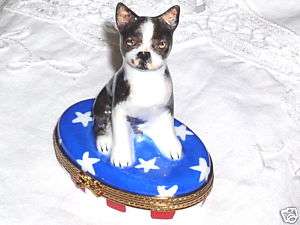 Boston Terrier Limoges on US Flag Trinket Box  