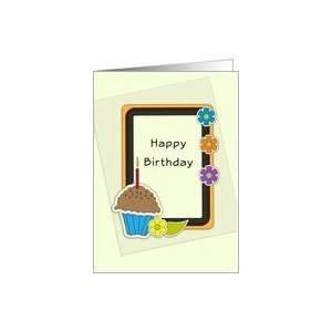  Happy Birthday Greeting Card with Cupcake and Flowers Card 