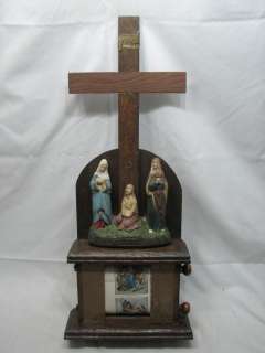 ANTIQUE CATHOLIC STATIONS OF THE CROSS SCROLL WOODEN CRUCIFIX 