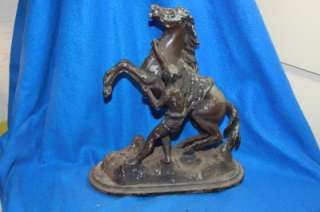 Antique Pot Metal Rearing Horse & Man Statue On Base  