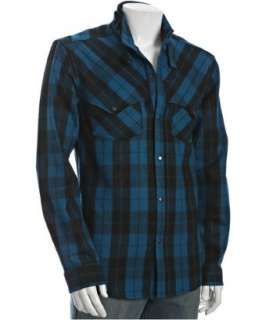 PRPS blue wool plaid snap front shirt   