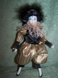 Collectible Marti Gras Doll Clown Porcelain Fabric Blk  
