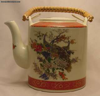 Vintage Japanese Satsuma Porcelain Tea Pot Roosting Peacocks & Flowers 