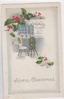 Christmas vintage Holly Spinning Wheel old Postcard  