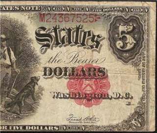 1907 $5 DOLLAR BILL UNITED STATES LEGAL TENDER RED SEAL WOODCHOPPER 