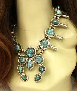 STERLING SOUTHWESTERN TURQUOISE SQUASH BLOSSOM NECKLACE  
