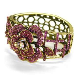  Gold Metal Bangle with Pink Crystal Rose 
