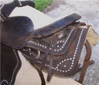 Vtg Black & White Horse Saddle Tapaderos Fancy Ornate Conchos Show 