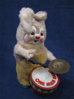 Vintage Wind Up Cloth Covered Tin Bunny One Man Band  