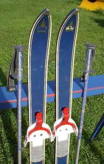 VINTAGE Wooden Skis 35 Wood BLUE Skiis POLES Ski GREAT  