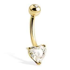   gold belly button ring with heart shaped stone and jeweled top ball
