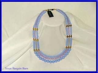 VINTAGE TRIFARI NECKLACE~Blue Bead 3 Strand Chocker NWT   Pearl 