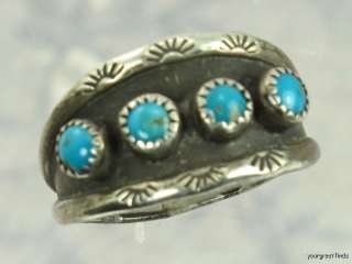 VINTAGE SIGNED NAVAJO STERLING SILVER TURQUOISE ROW RING  