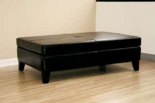 BLACK LEATHER RECTANGLE DEEP WIDE STORAGE OTTOMAN BENCH COFFEE TABLE 