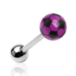 Tongue Ring Barbell Piercing with Purple Soccer Ball Design